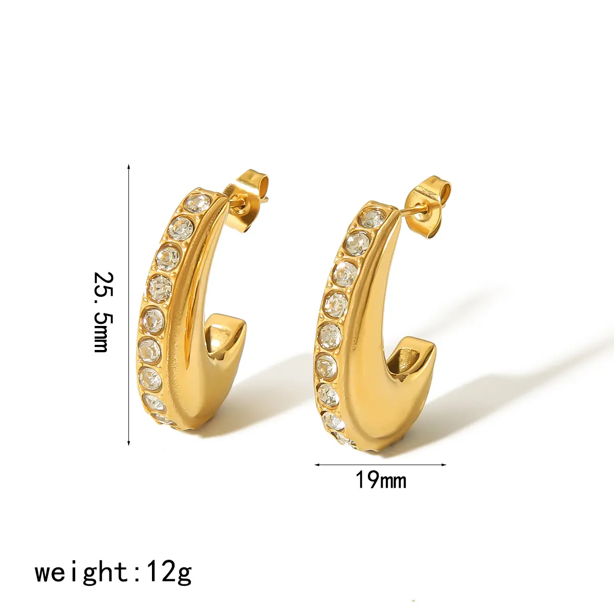 1 Pair Simple  Classic Style Moon Shape Stainless Steel 18K Gold Plated Inlay Rhinestone Women's Hoop Earrings h5 Picture2